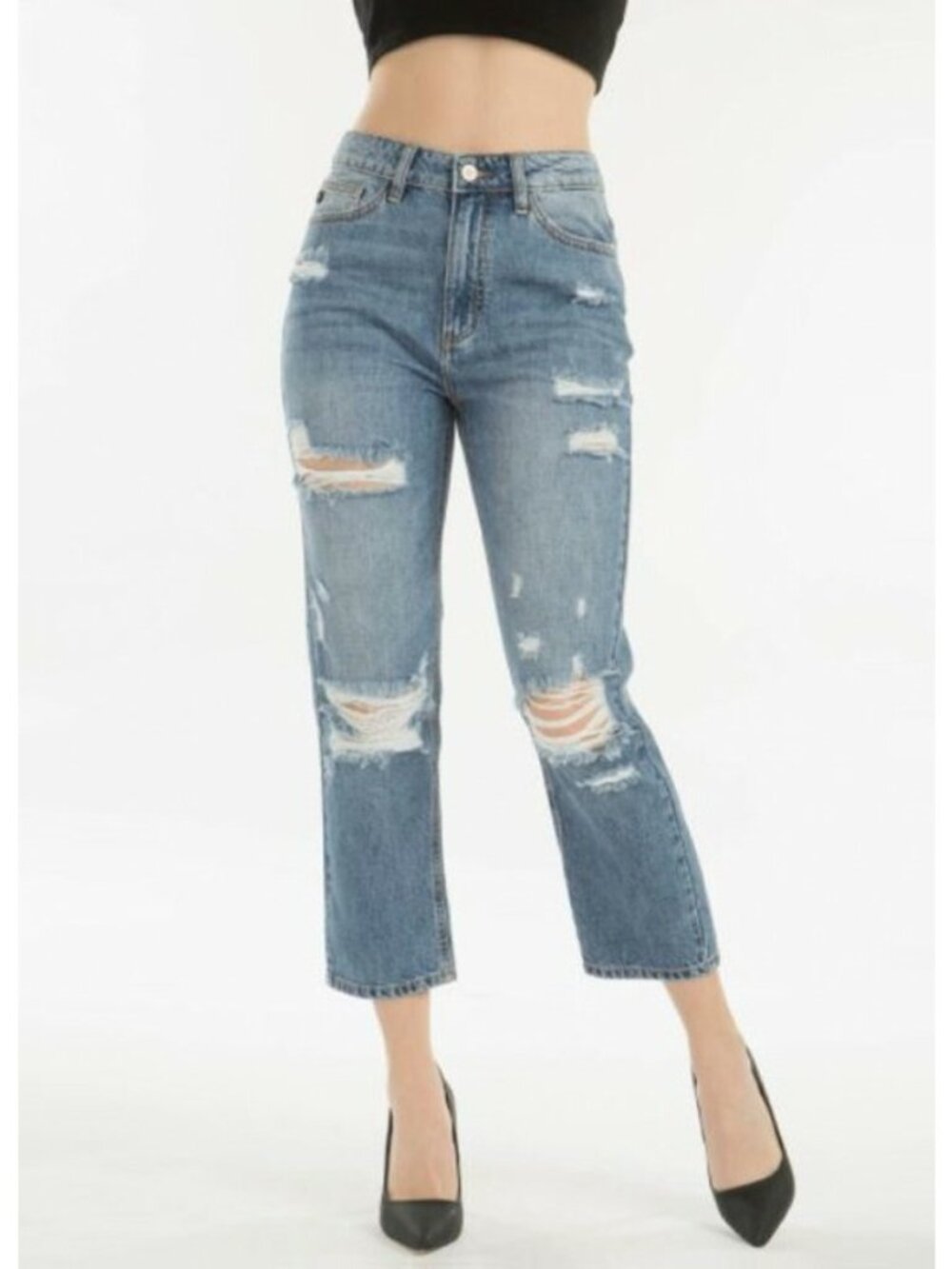 NWT Kancan Womens Jeans High Rise Vintage Straight Distressed Medium Wash 9/28